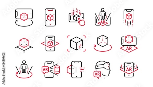 Augmented reality line icons. VR simulation, Panorama view, 360 degrees. Virtual reality gaming, augmented, full rotation arrows icons. Linear set. Linear set. Quality line set. Vector