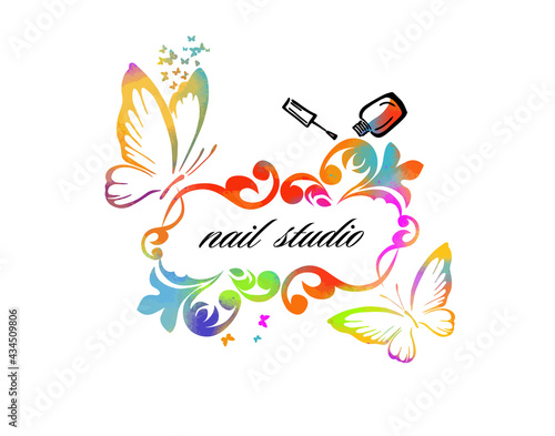 Nail studio. Nail polish logo. Mixed media. Multicolored butterflies. vector illustration