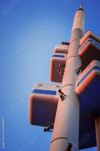 Photography return of ugly babies to the television tower in Prague