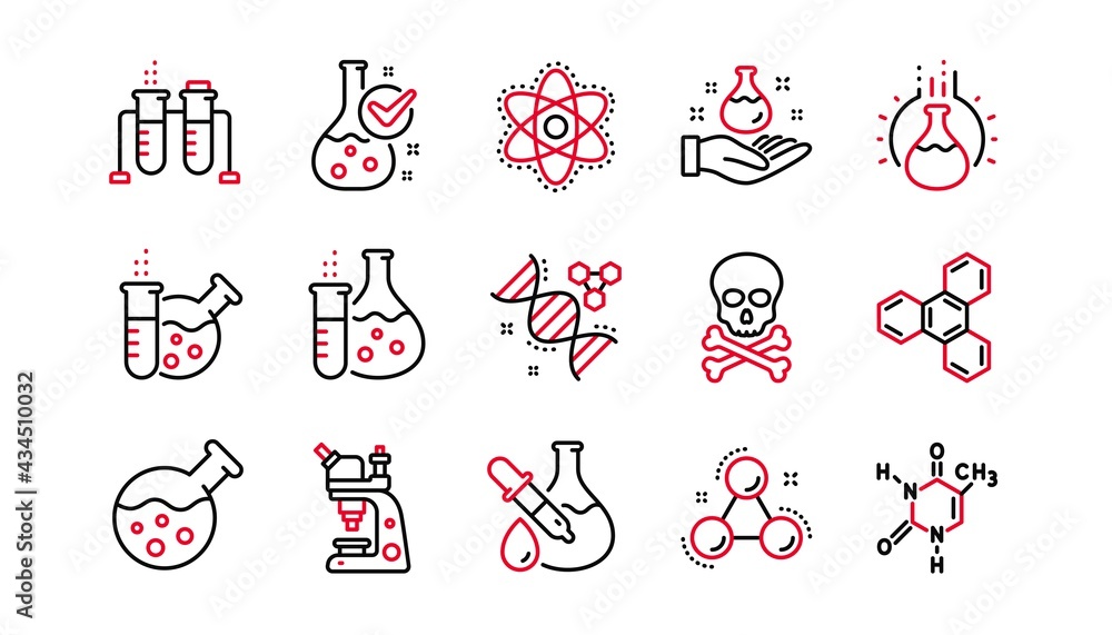 Fototapeta Chemistry lab line icons. Chemical formula, Microscope and Medical analysis. Laboratory test flask, reaction tube, chemistry lab icons. Linear set. Linear set. Quality line set. Vector