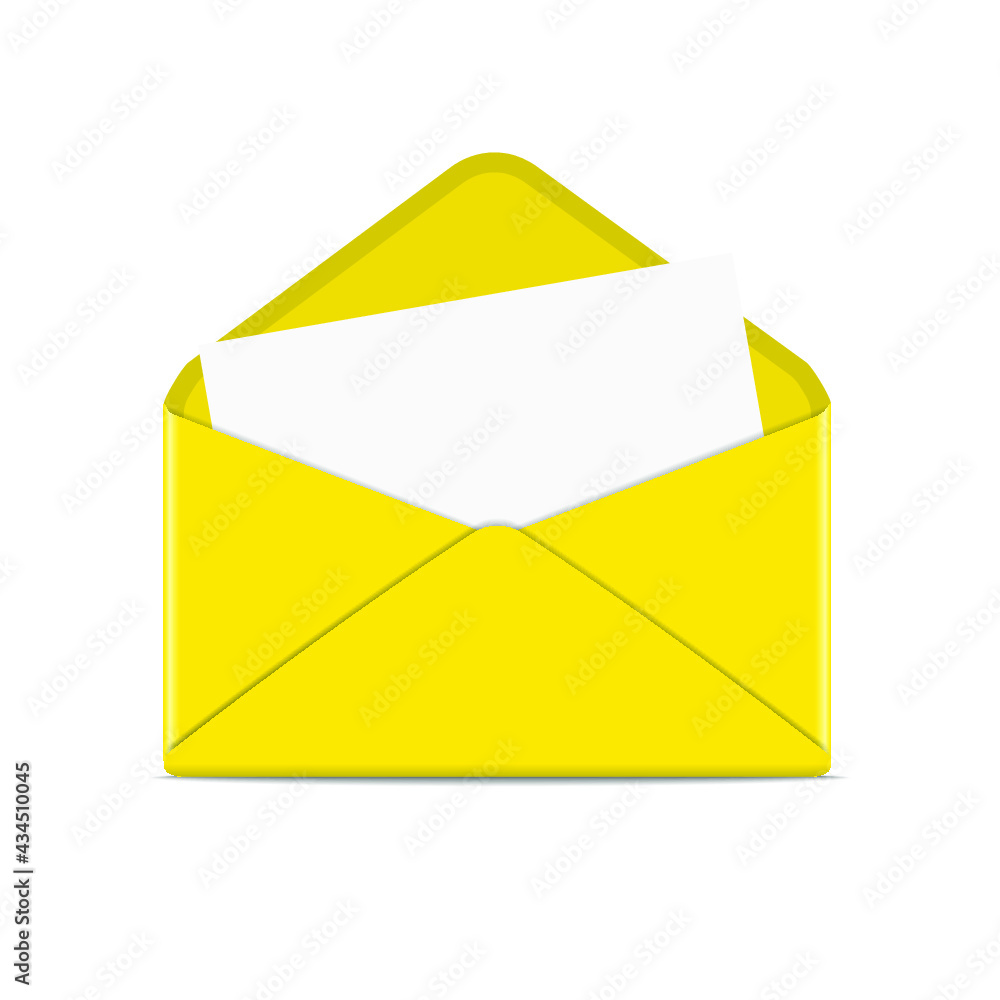 Yellow open envelope with paper isolated on white background. 3d rendering Yellow open envelope with paper isolated on white background. 3d rendering
