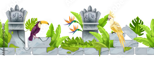 Jungle stone seamless border, vector tropical cartoon background, parrot, toucan, totem face, paradise flowers. Nature exotic game level illustration, cracked ancient ruin. Jungle border, maya idols