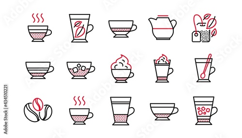 Coffee types and Tea icons. Mocha, Cappuccino and Latte. Americano cup linear icon set. Linear set. Quality line set. Vector