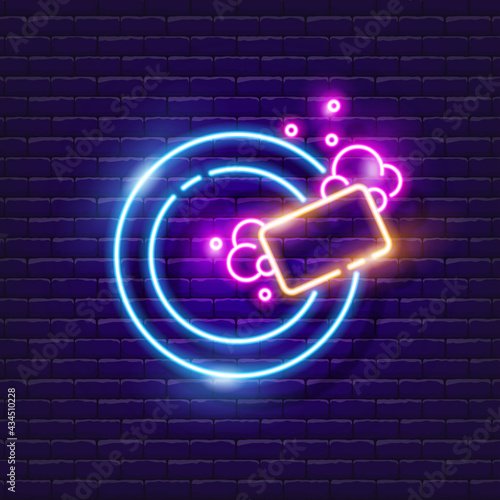 Washing dishes neon sign. Dishwashing Glowing icon. Vector illustration for design. Cleaning concept. Kitchen utensils symbol.