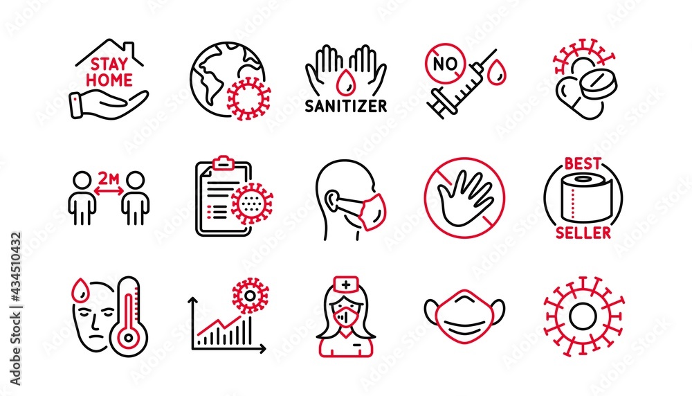 Coronavirus line icons set. Washing hands hygiene, medical mask, protective glasses. Stay home, hands sanitizer, coronavirus epidemic mask icons. Vector