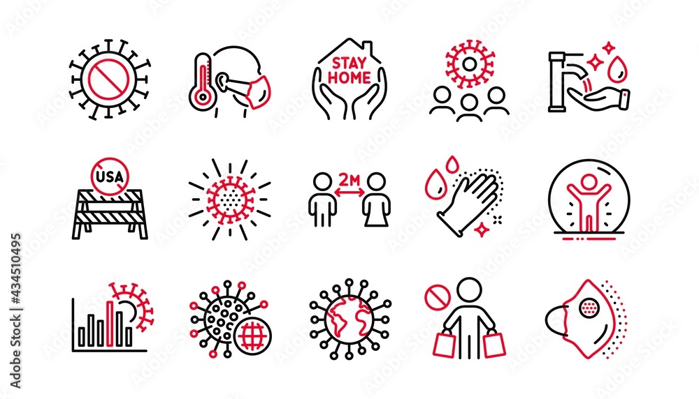 Coronavirus line icons set. Covid-19 virus pandemic. Medical protective mask, washing hands hygiene, usa shut borders. Stay home, safe distance, coronavirus epidemic mask icons. Linear set. Vector Coronavirus line icons set. Covid-19 virus pandemic. Medical protective mask, washing hands hygiene, usa shut borders. Stay home, safe distance, coronavirus epidemic mask icons. Linear set. Vector