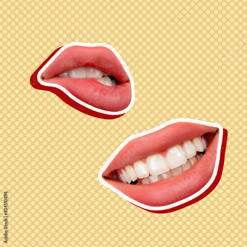 Modern design, contemporary art collage. Inspiration, idea, trendy urban magazine style. Female lips with line art on yellow background.