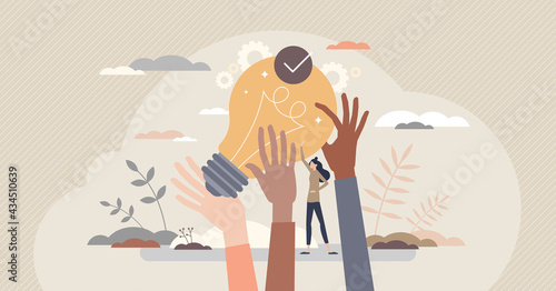 Teamwork innovation as group idea and collaboration tiny person concept. Creative project brainstorming and partnership cooperation vector illustration. Find solution and right strategy together.
