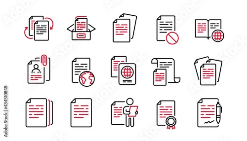 Documents line icons set. Contract agreement, Passport, Copy files. CV interview, documents workflow, attachment clip icons. Change files, wrong document, bureaucracy and contract signature. Vector