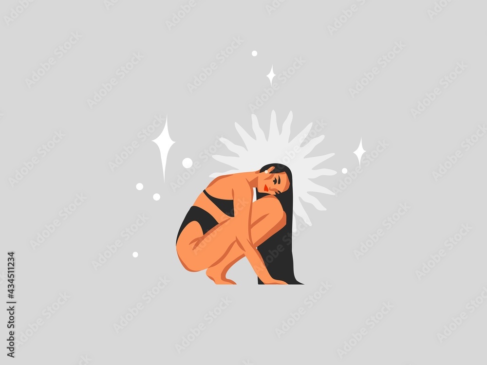 Hand drawn vector abstract stock flat graphic clipart illustration with bohemian celestial tribal mystic beautiful witchy woman,moon and magic stars in simple style ,isolated on color background Hand drawn vector abstract stock flat graphic clipart illustration with bohemian celestial tribal mystic beautiful witchy woman,moon and magic stars in simple style ,isolated on color background