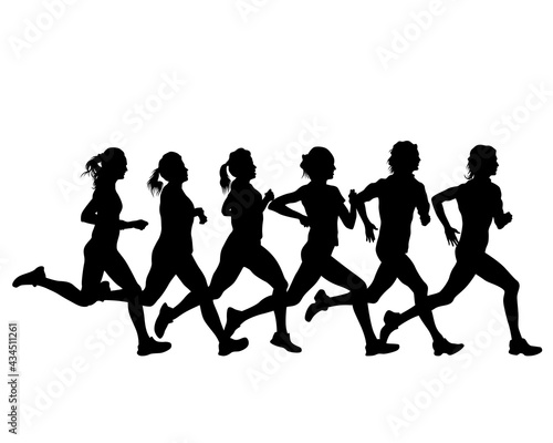 Young athletes run a marathon. Isolated silhouettes on white background