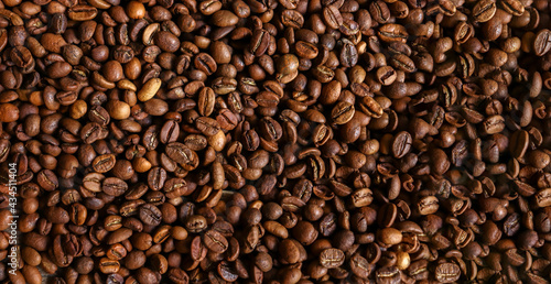Horizontal banner with coffee beans. Top view. Copy space. Coffee beans background