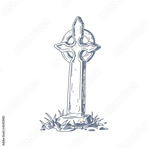 Celtic gothic cross with nimbus or ring on graveyard. Sketch of Irish cemetery burial decoration. Medieval religious funeral art. Hand-drawn graphic vector illustration isolated on white background