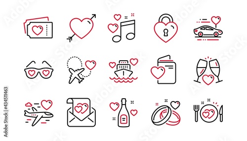 Honeymoon line icons set. Wedding car, marriage rings, love. Valentine heart, Bridal champagne icons. Couple tickets, honeymoon travel, married cruise. Wedding love music. Linear set. Vector