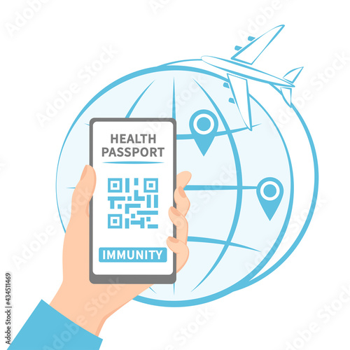 Man using digital health passport application. Tourist shows his immunity  on his smartphone screen.  Covid-19 vaccine passport. Flat vector illustration
