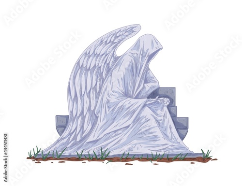 Cemetery gravestone with angel sculpture. Catholic tombstone and sitting statue with wings. Christian headstone of tomb in vintage style. Drawn colored vector illustration isolated on white background