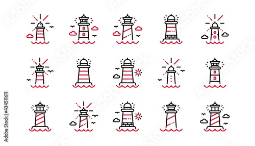 Lighthouse line icons. Searchlight tower with seagull for marine navigation of ships. Sea pharos, lighthouse or beacon icons. Linear set. Linear set. Quality line set. Vector