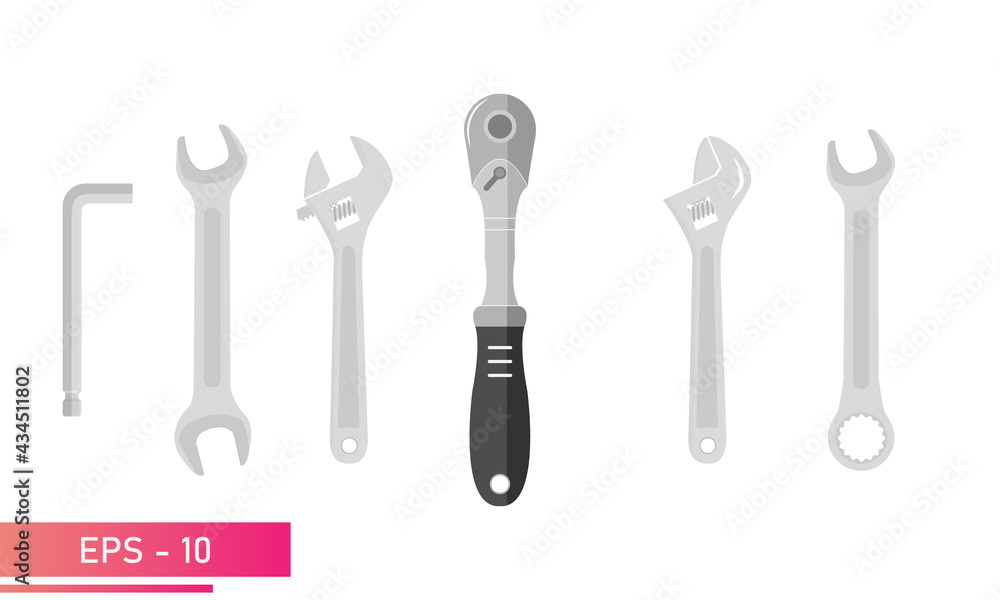 A set of spanners. Ratchet wrench, hexagon wrench, adjustable wrench, ordinary wrench. Realistic design. On a white background. Devices for the computer. Flat vector illustration. A set of spanners. Ratchet wrench, hexagon wrench, adjustable wrench, ordinary wrench. Realistic design. On a white background. Devices for the computer. Flat vector illustration.
