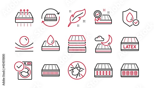 Mattress line icons set. Memory foam, pillow, latex. Breathable, washable, bed tick icons. Light weight, natural material, pocket sprung mattress. Bed mite, antiallergic latex. Linear set. Vector