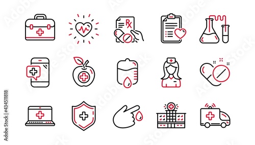 Medical line icons. Hospital assistance, Health food diet and Laboratory. Chemistry linear icon set. Linear set. Quality line set. Vector
