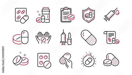 Medical drugs line icons. Healthcare, Prescription and Pill signs. Pharmacy drugs, recipe pill icons. Antibiotic capsule, syringe vaccination. Linear set. Linear set. Quality line set. Vector
