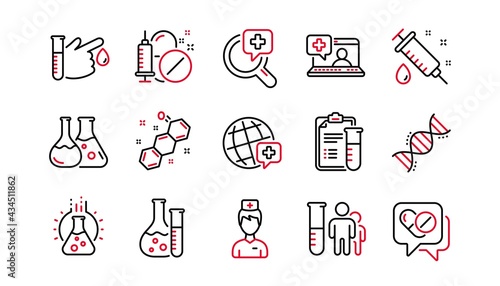 Medical healthcare, doctor line icons. Drug testing, scientific discovery and disease prevention icons. Chemical formula, chemistry testing lab. Linear set. Linear set. Quality line set. Vector