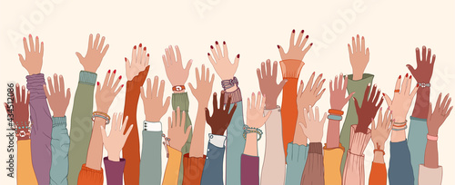 Group of diverse people with raised arms and hands.Work team.Support and assistance.People diversity. Multicultural and multiethnic community.Racial equality.Collaboration. Communication
