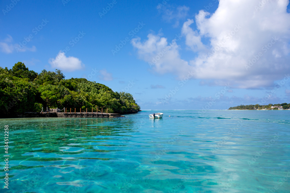 Obraz premium Beautiful amazing nature background. Tropical blue sun sea. Luxury holiday resort. Island atoll about coral reef. Fresh freedom. Adventure day