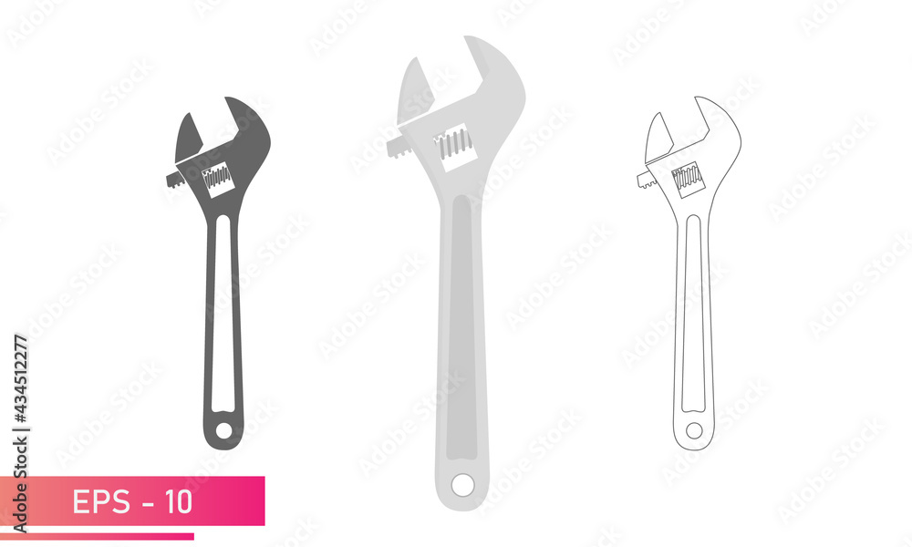 Set of sliding wrenches in the opened state, icon. Adjustable wrench. Isolated on a white background. Flat vector illustration. Set of sliding wrenches in the opened state, icon. Adjustable wrench. Isolated on a white background. Flat vector illustration.