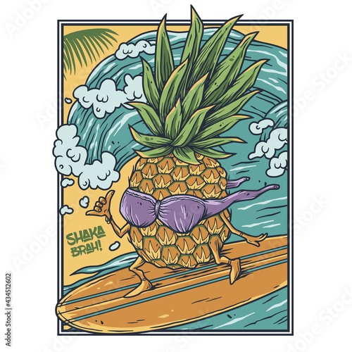 Surfing hawaii pineapple on surf bord for t-shirt print. Tropical surfbord emblem for surfer tiki bar or beach bar