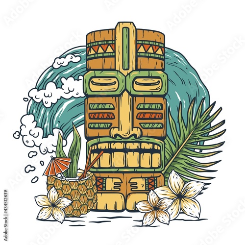 Tiki mask surfing hawaii print. Cocktail and wave for t-shirt design. Tropical surfbord or surf board and pineapple for tiki bar or beach bar