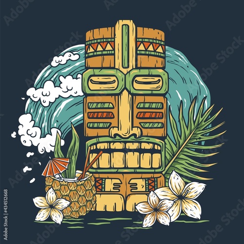 Tiki mask surfing hawaii print. Cocktail and wave for t-shirt design. Tropical surfbord or surf board and pineapple for tiki bar or beach bar