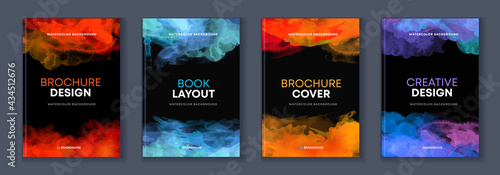 Watercolor booklet brochure colourful abstract layout cover design template bundle set with black background