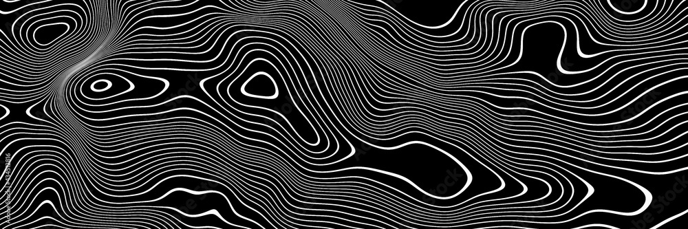 3D rendering. Abstract black and white mountain contour lines. Topographic terrain.