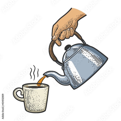 tea is poured from the kettle color sketch engraving vector illustration. T-shirt apparel print design. Scratch board imitation. Black and white hand drawn image.