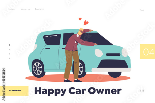 Happy car owner concept of landing page with man buying vehicle. Cheerful male hugging new auto