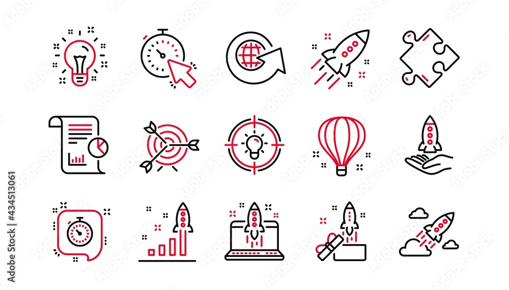 Startup line icons. Launch Project, Business report and Target. Strategy linear icon set. Linear set. Quality line set. Vector