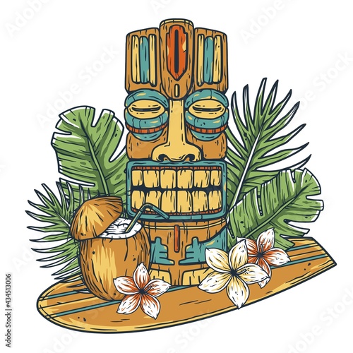 Surfing hawaii cocktail and tiki mask on surf bord for t-shirt print. tropical surfbord and drink coconut for tiki bar or beach bar