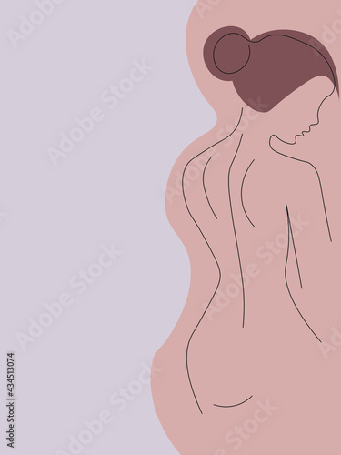 Vector image of the silhouette of the girl's back on a gentle pastel background. Poster. Advertising of spa, beauty salons. Packaging of goods for women.