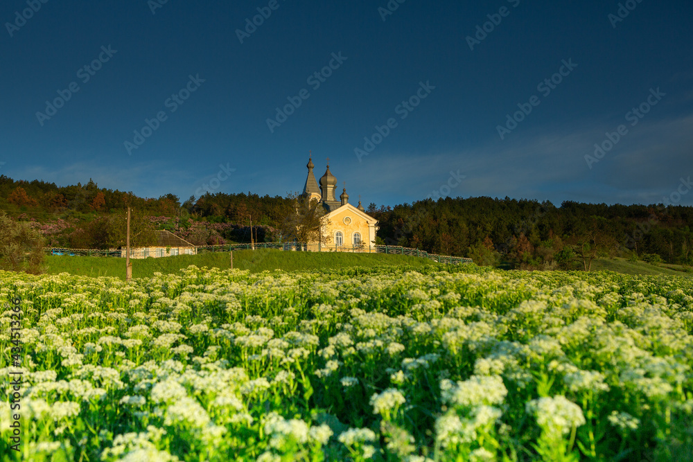 Christian religion background concept. Green landscape with Orthodox church.