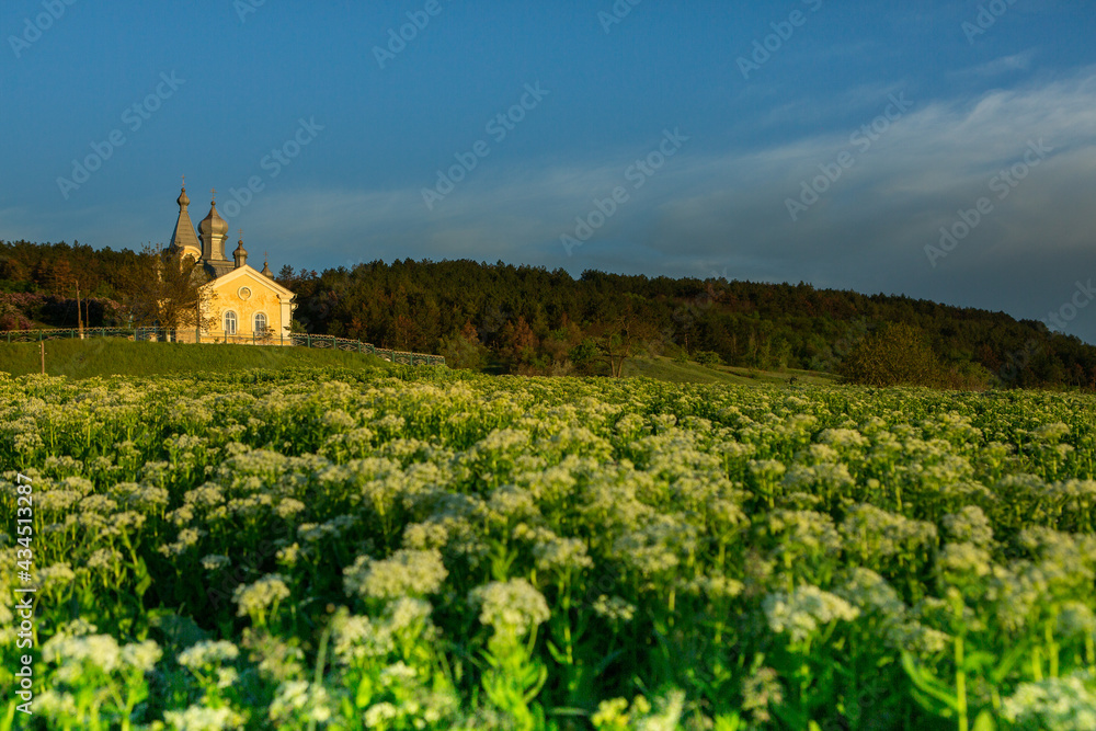 Christian religion background concept. Green landscape with Orthodox church.