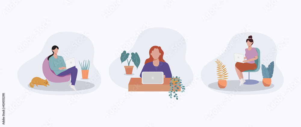 Working from home. People working at home. Coworking space,Young people freelancers working with laptop at home, Online job and home office concept, Social marketing with concept vector illustration. 