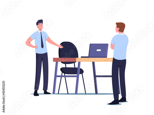 Absence Work Management, Sick Leave or Vacation Absence Concept. Company Boss Character Stand at Empty Office Desk