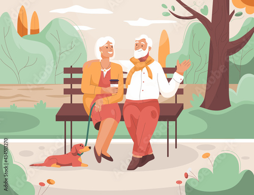 Elderly couple is resting in city park. Grandmother and grandfather
