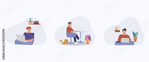 Working from home. People working at home. Coworking space,Young people freelancers working with laptop at home, Online job and home office concept, Social marketing with concept vector illustration. 