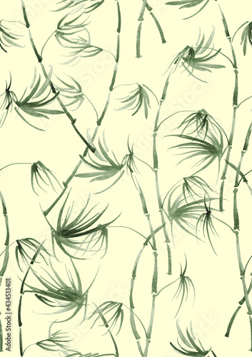 Bamboo watercolor stems and leaves seamless pattern. painting of bamboo forest on textured paper. Decorative watercolor bamboo. silhouette branches  tropics.Tropical watercolor background 