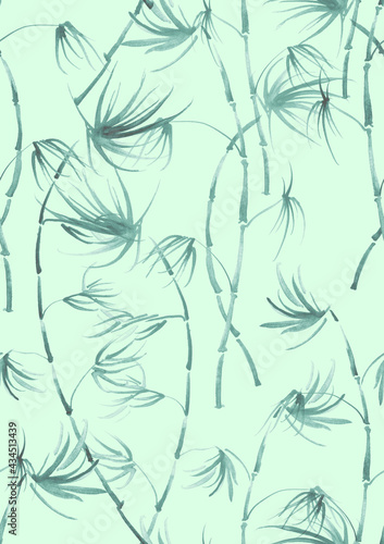 Fototapeta Naklejka Na Ścianę i Meble -  Bamboo watercolor stems and leaves seamless pattern. painting of bamboo forest on textured paper. Decorative watercolor bamboo. silhouette branches, tropics.Tropical watercolor background 