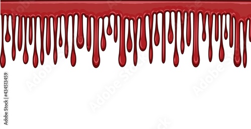 Red streaks of liquid. Cherry, plum or strawberry jam. Red paint runs off thickly. Custard. The drops slide. The isolated object on a white background. Frame. Vector