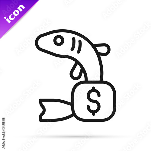Black line Price tag for fish icon isolated on white background. Vector