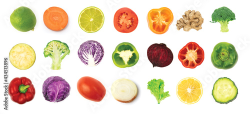 set of slices of fruits and vegetables on white background